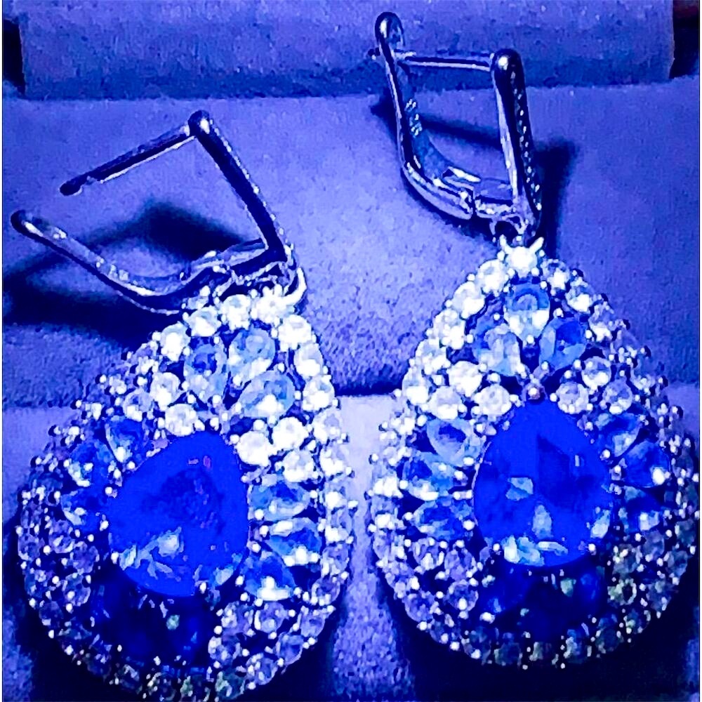New Tanzanite Blue Rare Teardrop Dangle Earrings with Sapphire chips - Picture 5 of 10
